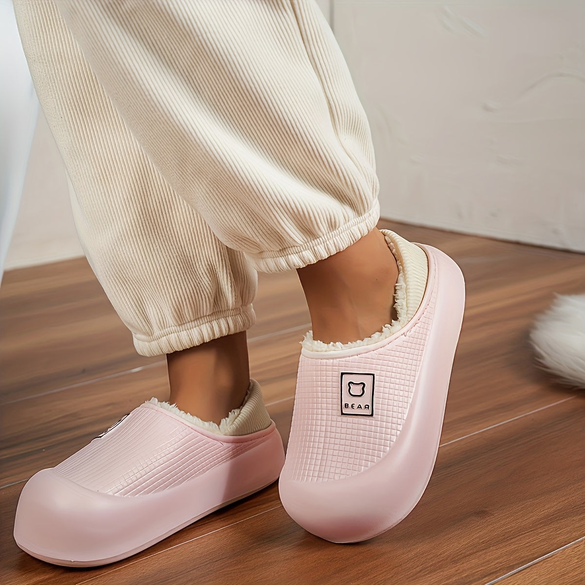 Women’s Fleece Winter Slippers – Non-Slip Cartoon Bear House Shoes