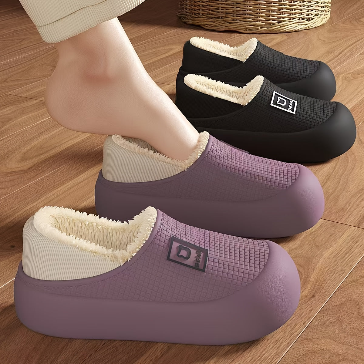 Women’s Fleece Winter Slippers – Non-Slip Cartoon Bear House Shoes