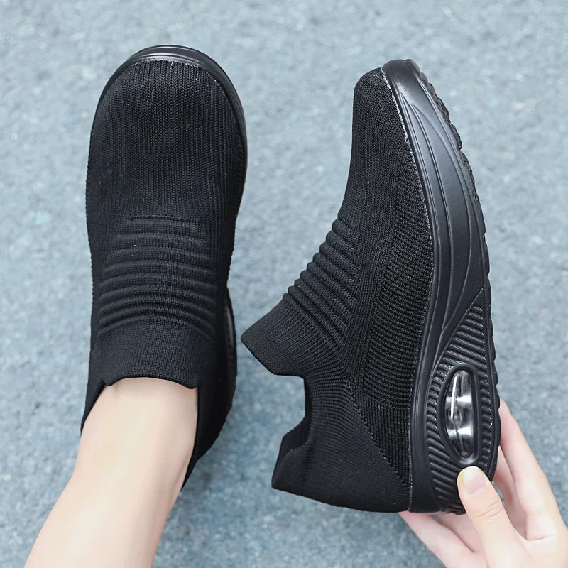 Women Slip-On Walking Sneakers – Breathable Air Cushion Platform Shoes