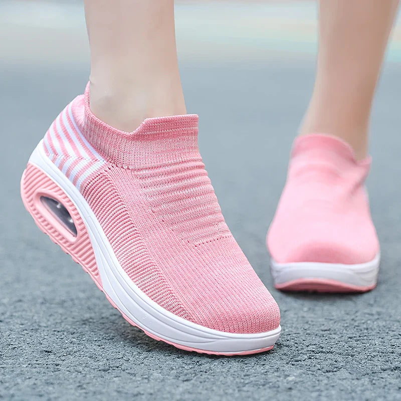 Women Slip-On Walking Sneakers – Breathable Air Cushion Platform Shoes