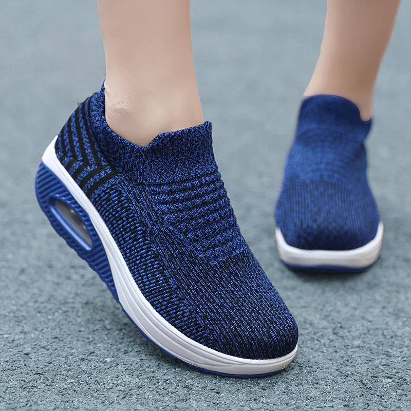 Women Slip-On Walking Sneakers – Breathable Air Cushion Platform Shoes