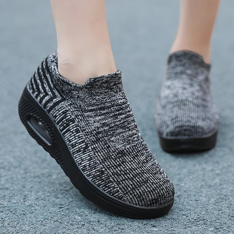 Women Slip-On Walking Sneakers – Breathable Air Cushion Platform Shoes