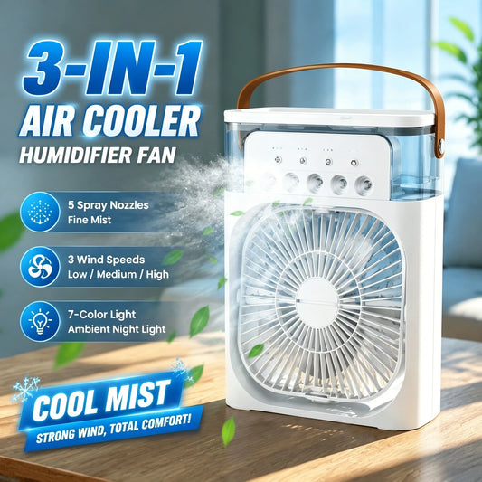 Ventilateur 3-en-1 | Climatiseur + Humidificateur + Lumière LED | USB | Bureau Maison