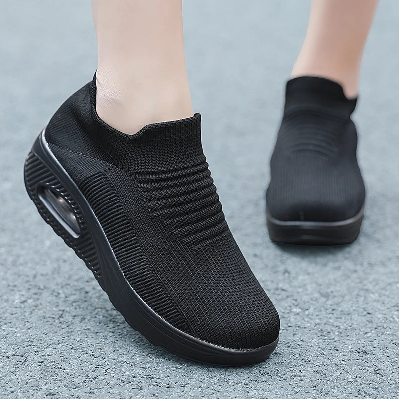 Women Slip-On Walking Sneakers – Breathable Air Cushion Platform Shoes