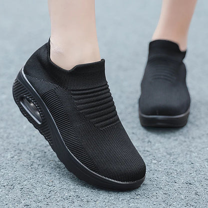 Women Slip-On Walking Sneakers – Breathable Air Cushion Platform Shoes