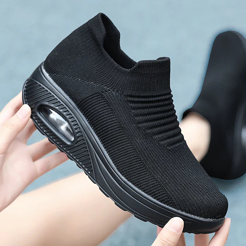 Women Slip-On Walking Sneakers – Breathable Air Cushion Platform Shoes