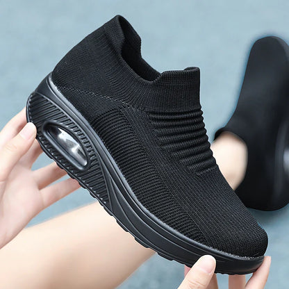 Women Slip-On Walking Sneakers – Breathable Air Cushion Platform Shoes