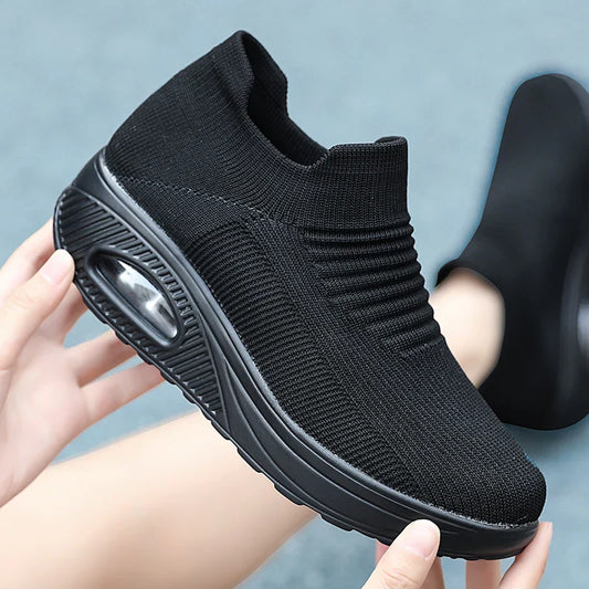 Women Slip-On Walking Sneakers – Breathable Air Cushion Platform Shoes