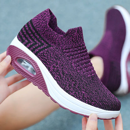 Women Slip-On Walking Sneakers – Breathable Air Cushion Platform Shoes