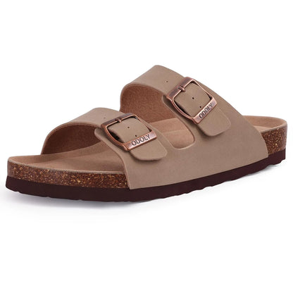 Women’s Open Toe Cork Sandals - Adjustable Buckle, Suede Flat Slippers