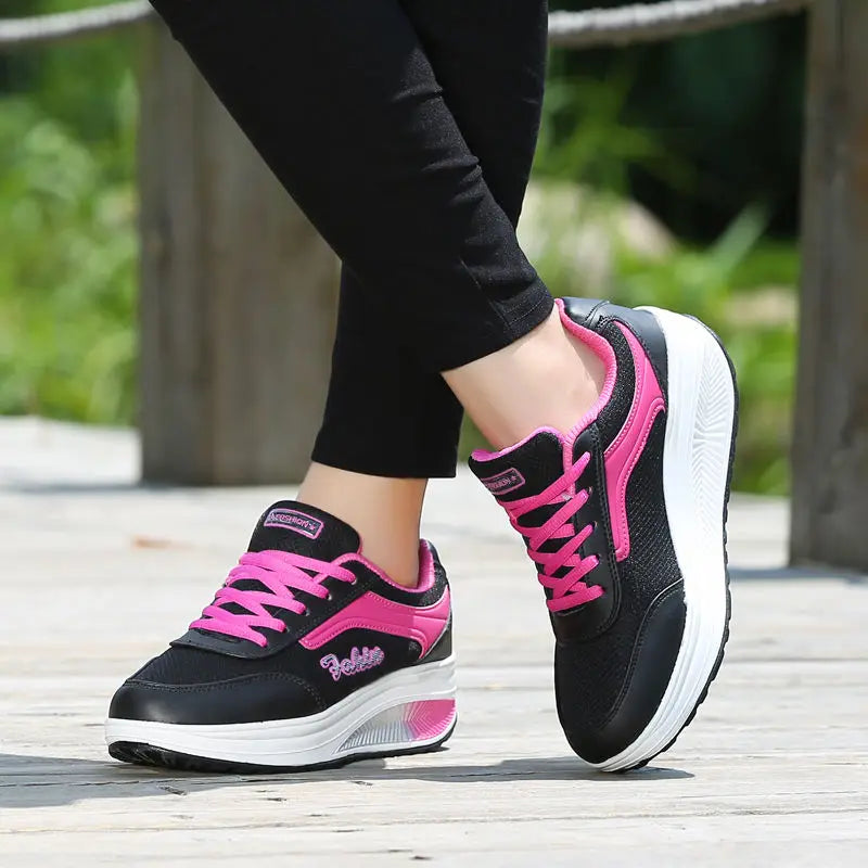 Women Lace-Up Mesh Sneakers – Lightweight Platform Walking Trainers