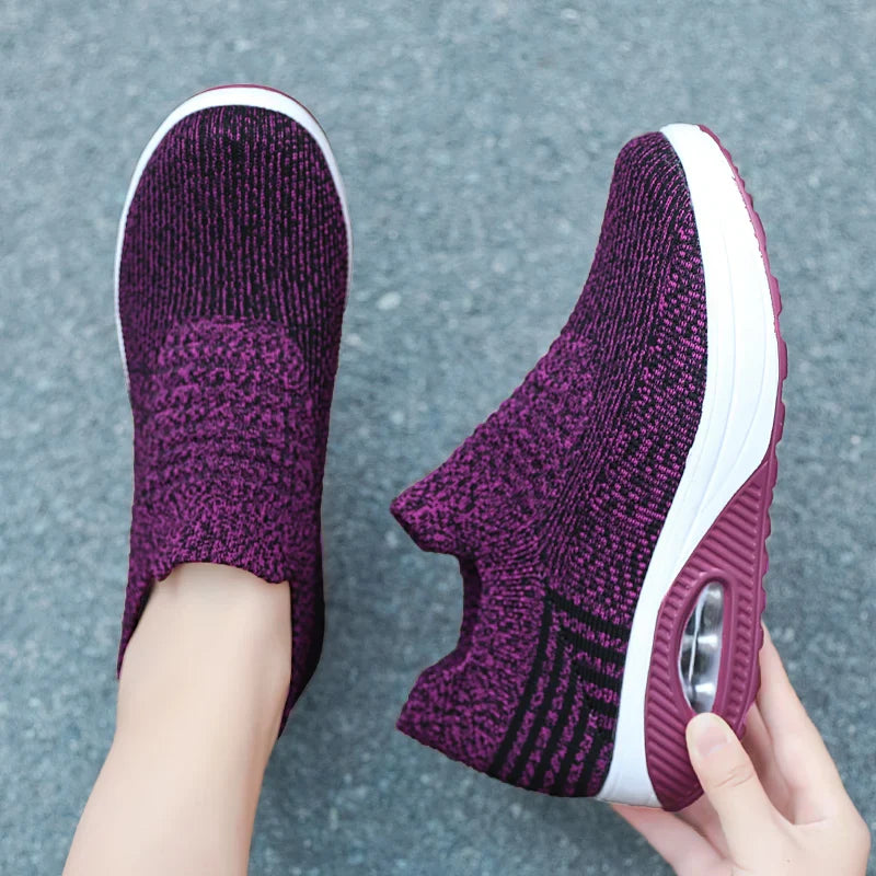 Women Slip-On Walking Sneakers – Breathable Air Cushion Platform Shoes
