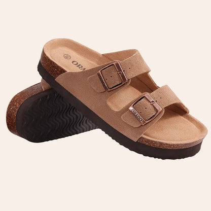 Open teen sandalen met kurk voor dames - verstelbare gesp, platte suède pantoffels