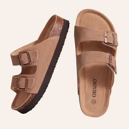 Open teen sandalen met kurk voor dames - verstelbare gesp, platte suède pantoffels